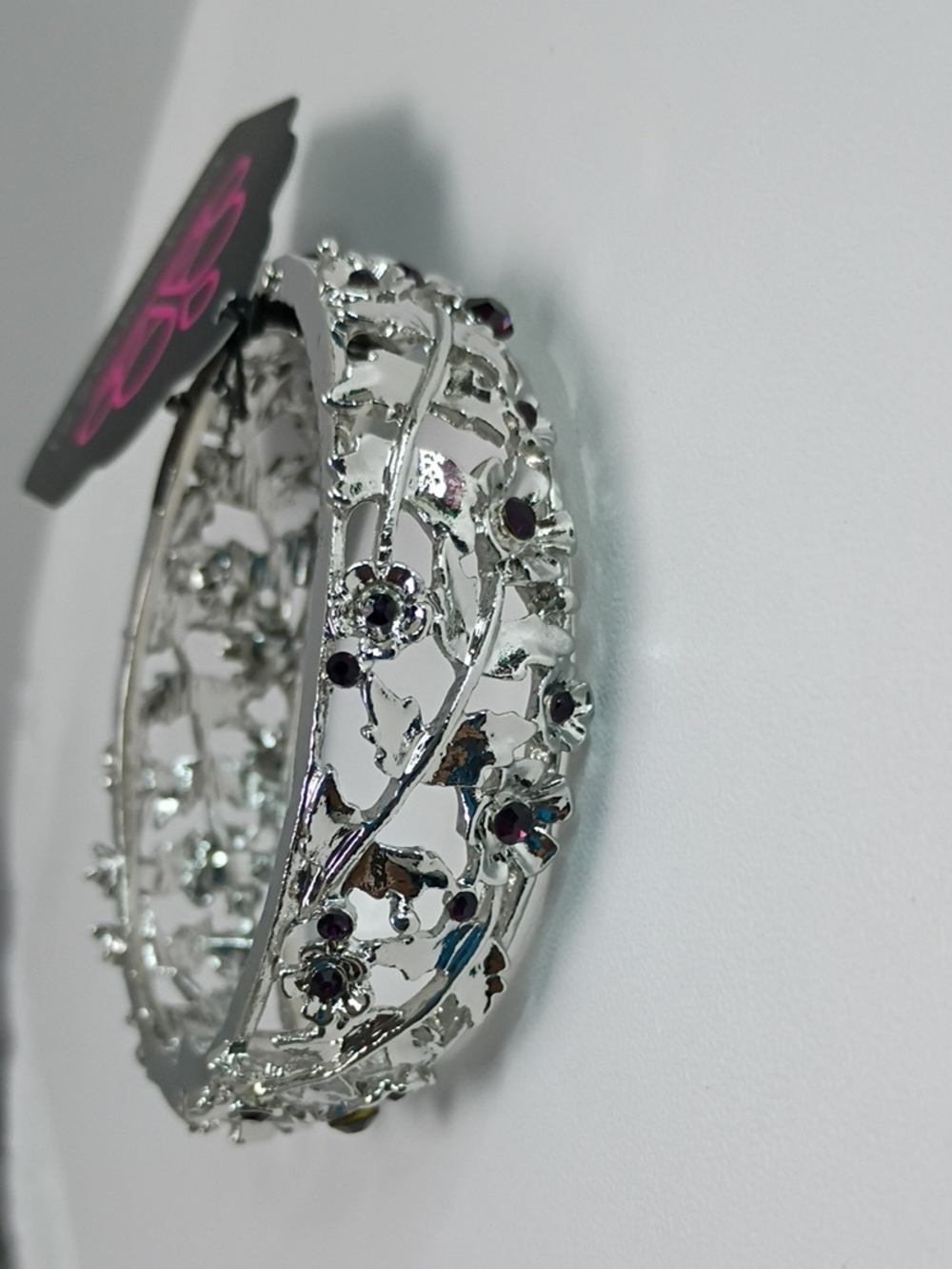 Silver Floral Bangle Bracelet with Purple Stones - Women Jewelry